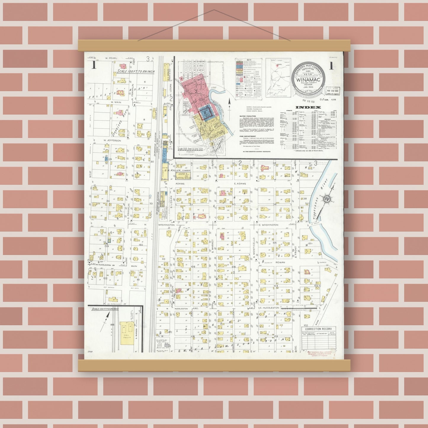 Old map wall art mockup — magnetic wood frame on brick wall — Sanborn Fire Insurance Map from Winamac, Pulaski County, Indiana (1933) - Complete Map Set