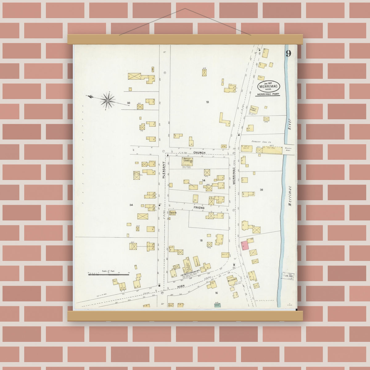Old map wall art mockup — magnetic wood frame on brick wall — Sanborn Fire Insurance Map from Merrimac, Essex County, Massachusetts (1907), Sheet #0009