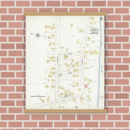 Old map wall art mockup — magnetic wood frame on brick wall — Sanborn Fire Insurance Map from Merrimac, Essex County, Massachusetts (1907), Sheet #0009