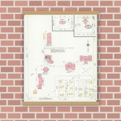 Old map wall art mockup — magnetic wood frame on brick wall — Sanborn Fire Insurance Map from Rolla, Phelps County, Missouri (1910), Sheet #0002