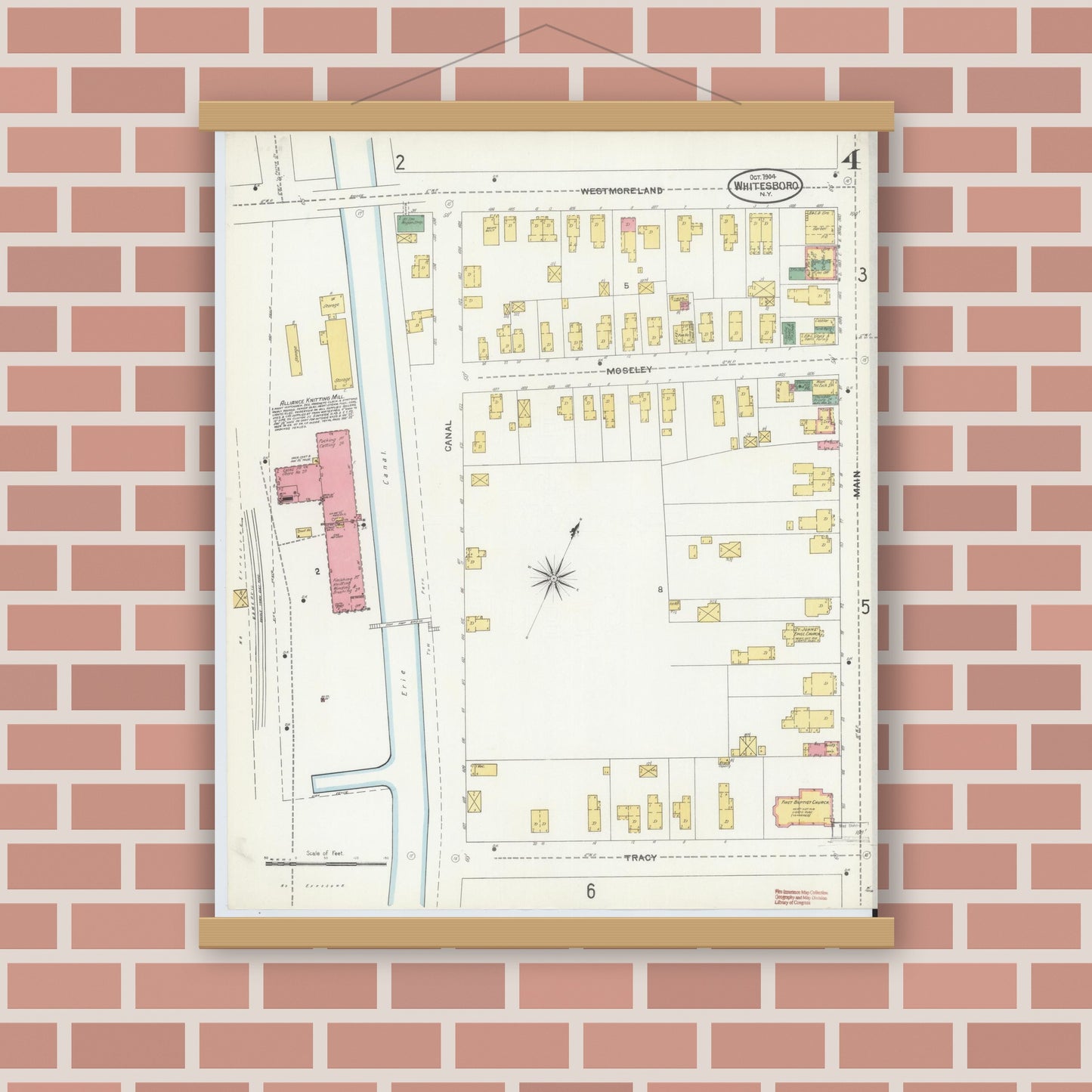 Old map wall art mockup — magnetic wood frame on brick wall — Sanborn Fire Insurance Map from Whitesboro, Oneida County, New York (1904), Sheet #0004
