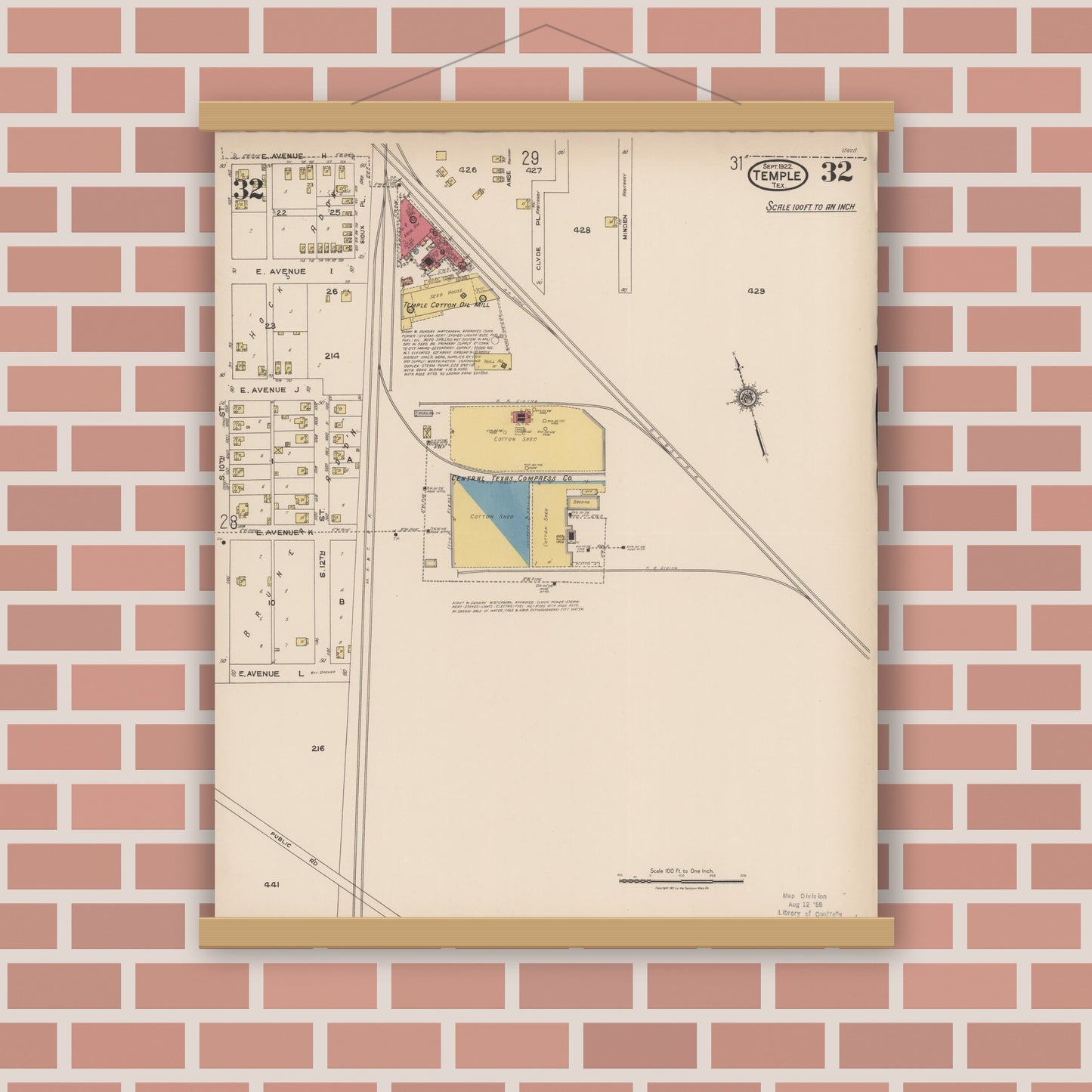 Old map wall art mockup — magnetic wood frame on brick wall — Sanborn Fire Insurance Map from Temple, Bell County, Texas (1922), Sheet #0032