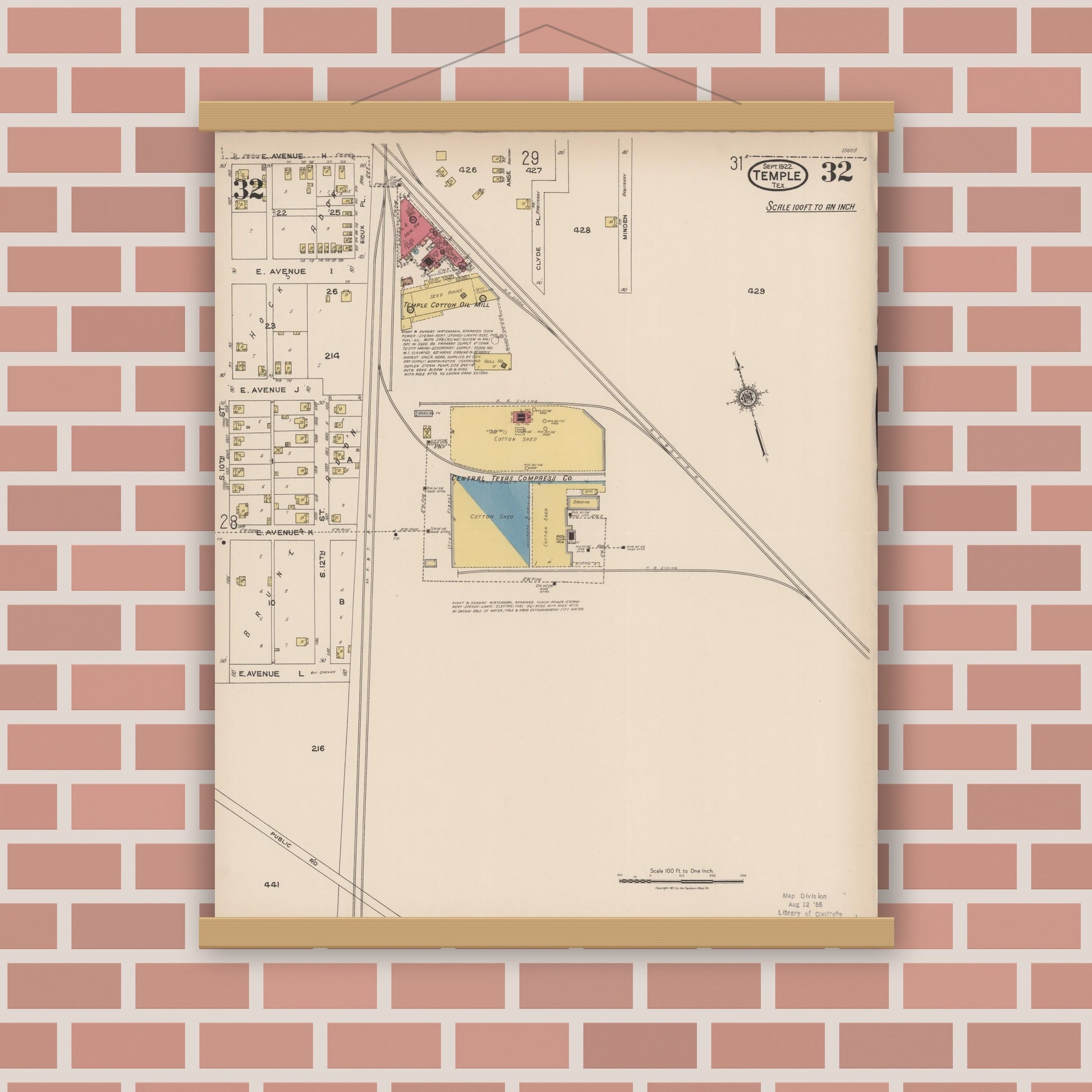 Old map wall art mockup — magnetic wood frame on brick wall — Sanborn Fire Insurance Map from Temple, Bell County, Texas (1922), Sheet #0032