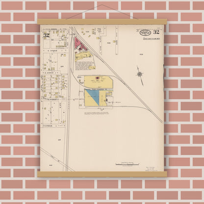 Old map wall art mockup — magnetic wood frame on brick wall — Sanborn Fire Insurance Map from Temple, Bell County, Texas (1922), Sheet #0032