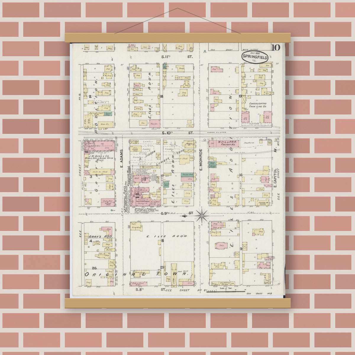 Old map wall art mockup — magnetic wood frame on brick wall — Sanborn Fire Insurance Map from Springfield, Sangamon County, Illinois (1890), Sheet #0010