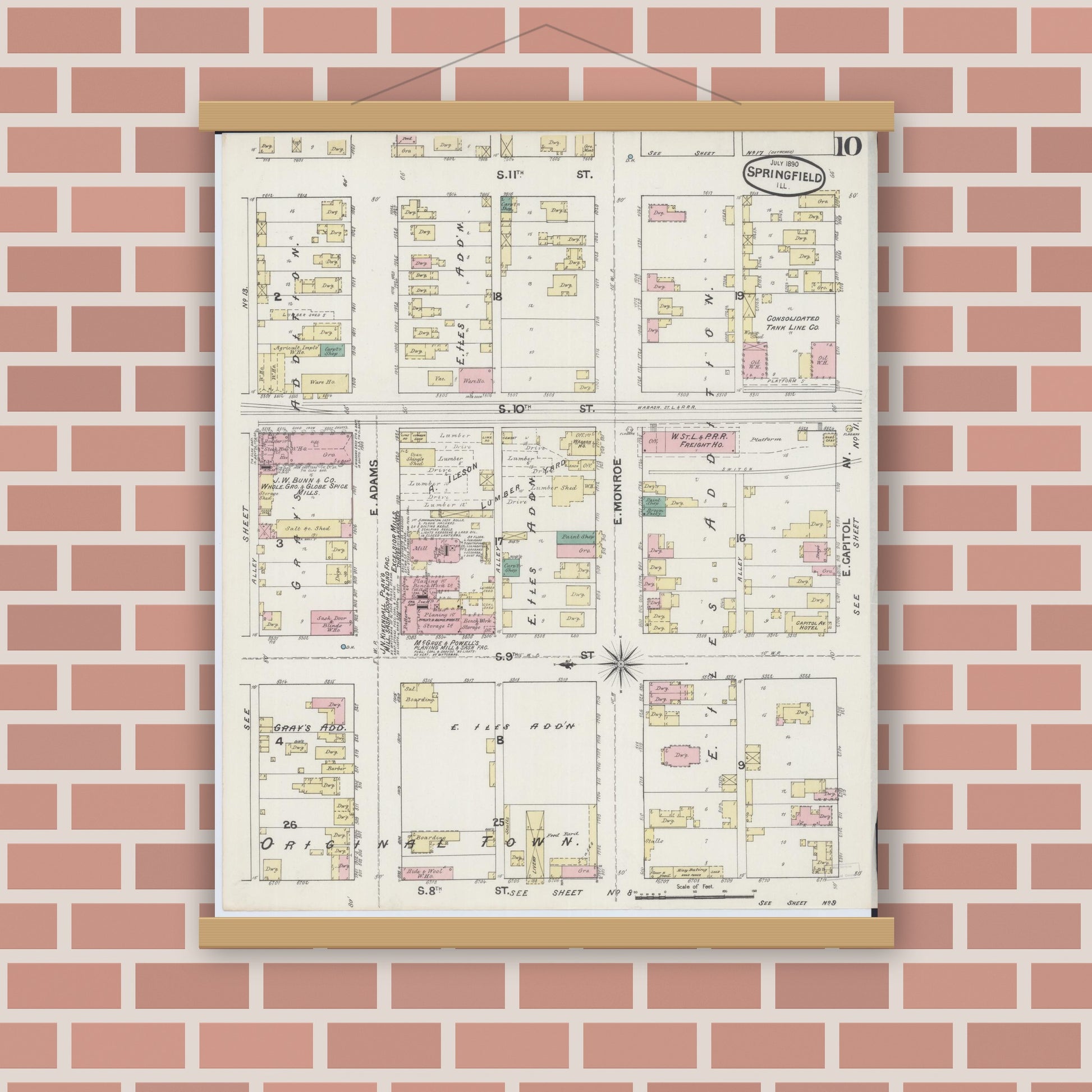 Old map wall art mockup — magnetic wood frame on brick wall — Sanborn Fire Insurance Map from Springfield, Sangamon County, Illinois (1890), Sheet #0010