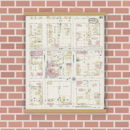 Old map wall art mockup — magnetic wood frame on brick wall — Sanborn Fire Insurance Map from Springfield, Sangamon County, Illinois (1890), Sheet #0010