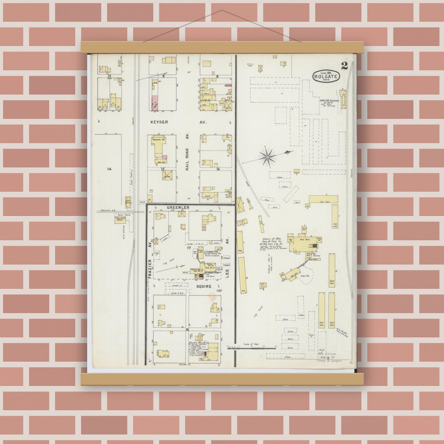 Old map wall art mockup — magnetic wood frame on brick wall — Sanborn Fire Insurance Map from Holgate, Henry County, Ohio (1895), Sheet #0002