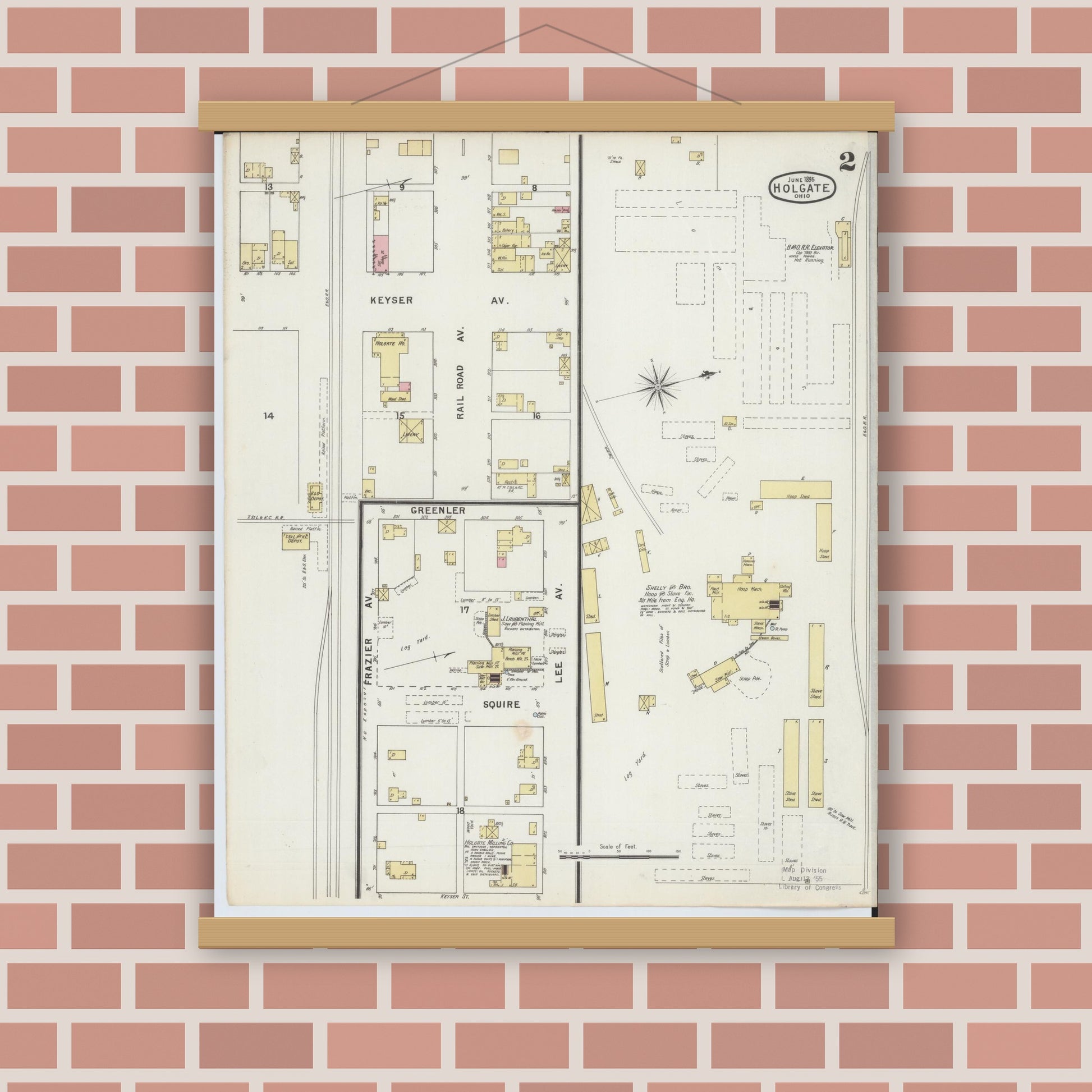 Old map wall art mockup — magnetic wood frame on brick wall — Sanborn Fire Insurance Map from Holgate, Henry County, Ohio (1895), Sheet #0002