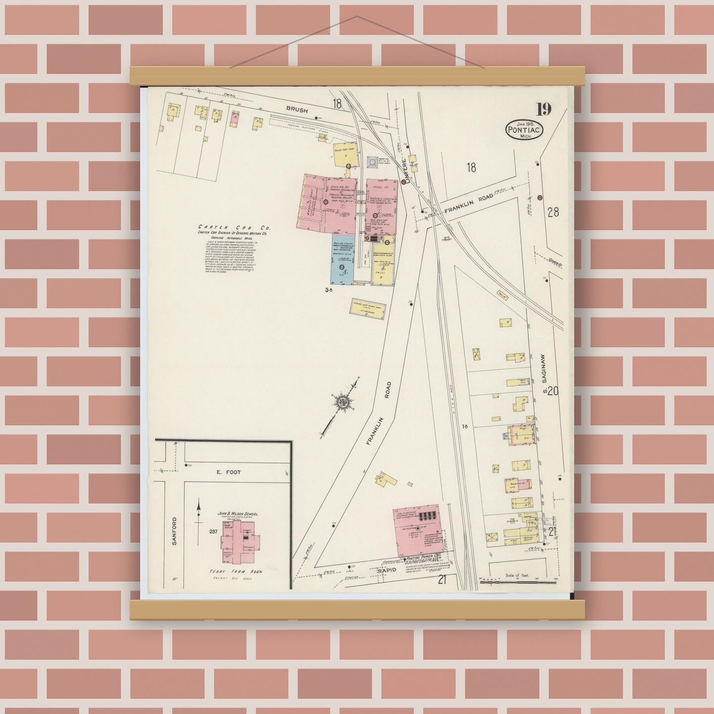 Old map wall art mockup — magnetic wood frame on brick wall — Sanborn Fire Insurance Map from Pontiac, Oakland County, Michigan (1915), Sheet #0019