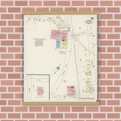 Old map wall art mockup — magnetic wood frame on brick wall — Sanborn Fire Insurance Map from Pontiac, Oakland County, Michigan (1915), Sheet #0019