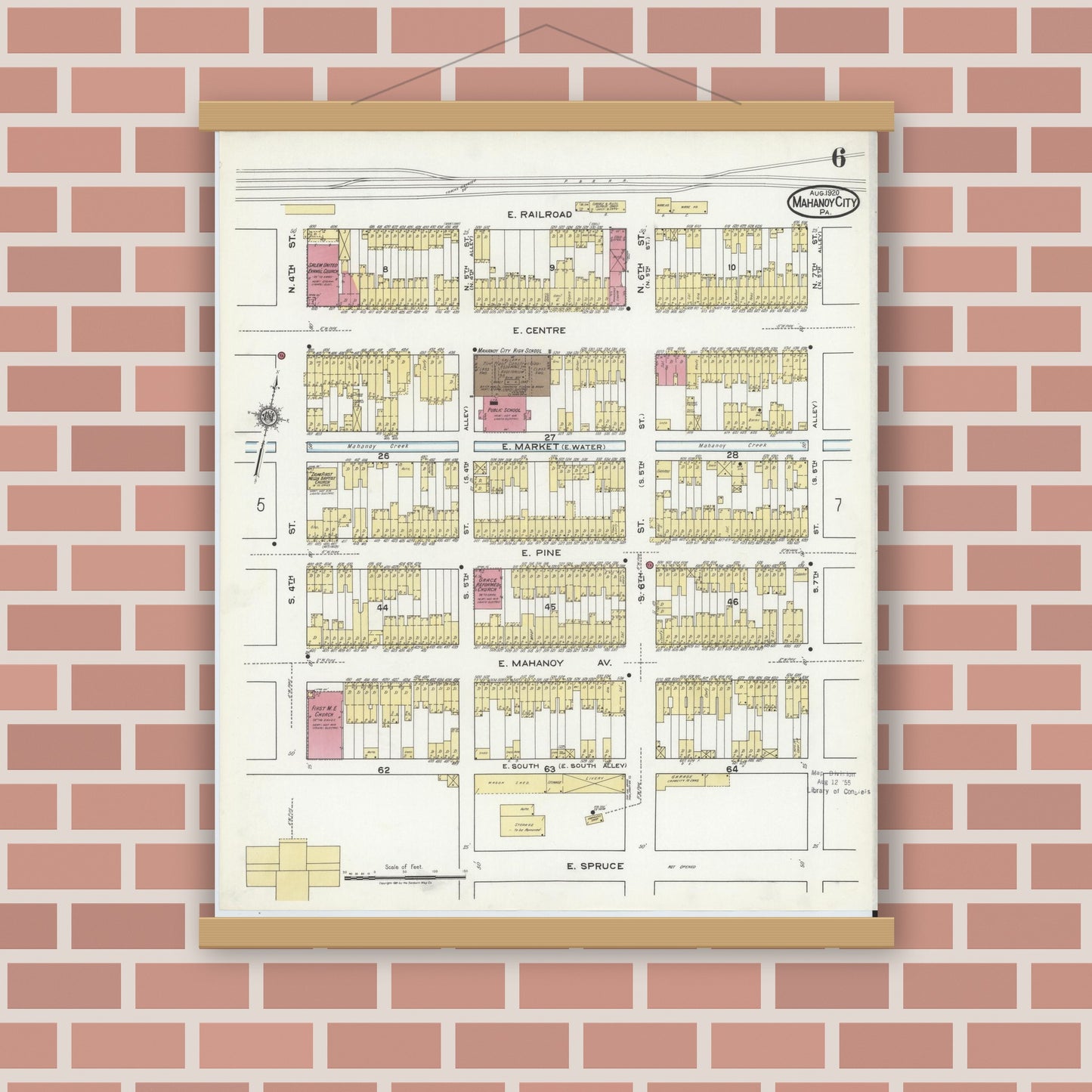 Old map wall art mockup — magnetic wood frame on brick wall — Sanborn Fire Insurance Map from Mahanoy City, Schuylkill County, Pennsylvania (1920), Sheet #0006