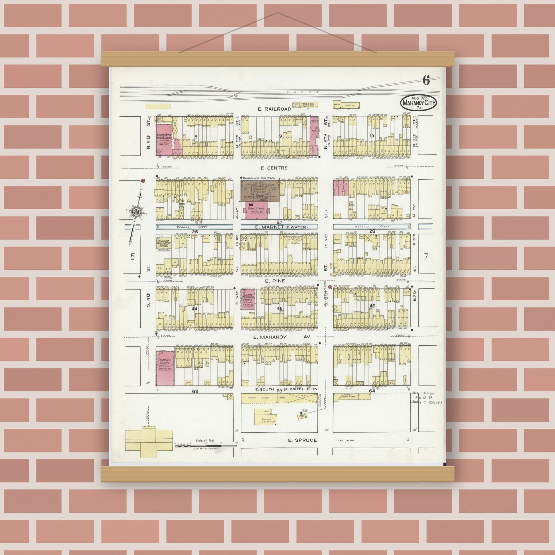 Old map wall art mockup — magnetic wood frame on brick wall — Sanborn Fire Insurance Map from Mahanoy City, Schuylkill County, Pennsylvania (1920), Sheet #0006