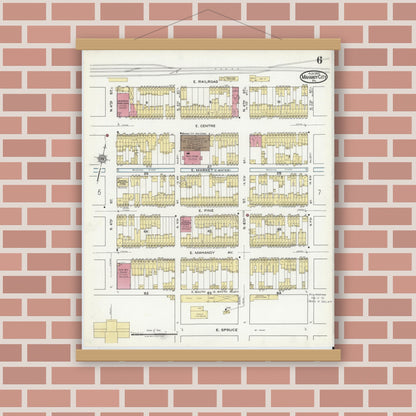 Old map wall art mockup — magnetic wood frame on brick wall — Sanborn Fire Insurance Map from Mahanoy City, Schuylkill County, Pennsylvania (1920), Sheet #0006