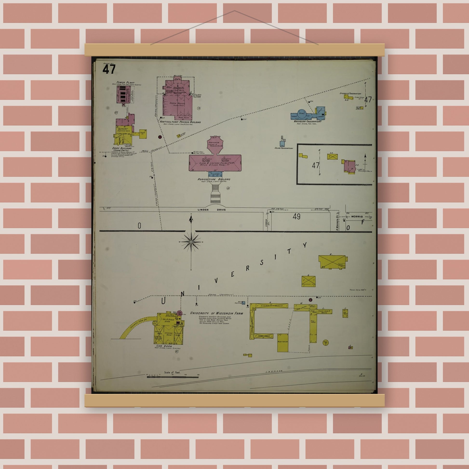 Old map wall art mockup — magnetic wood frame on brick wall — Sanborn Fire Insurance Map from Madison, Dane County, Wisconsin (1908), Sheet #0047