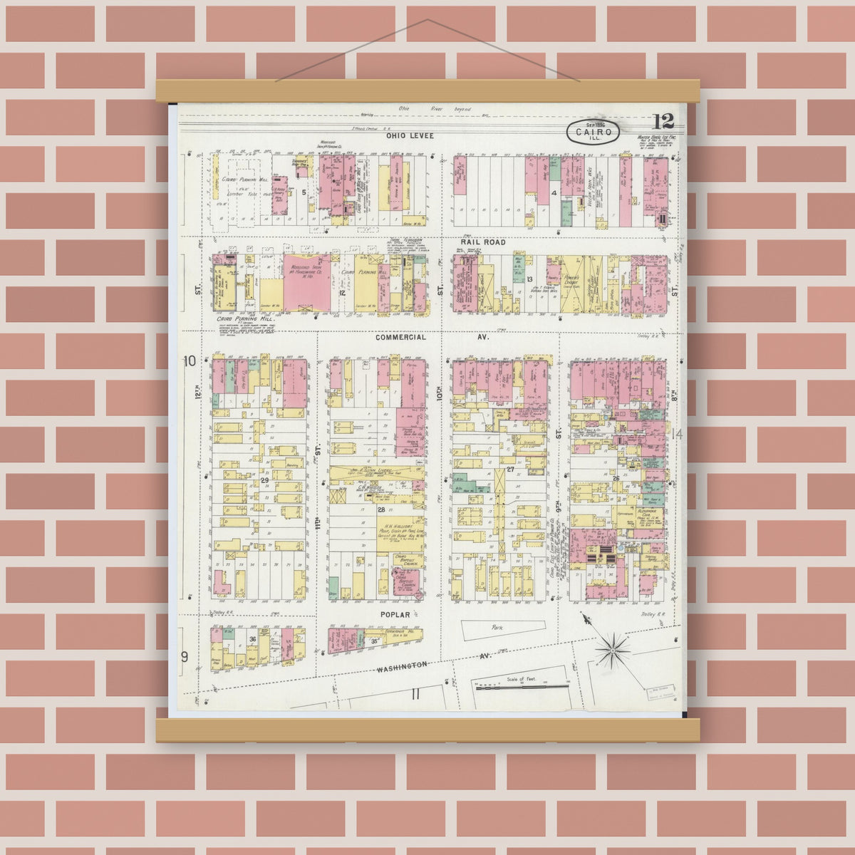 Old map wall art mockup — magnetic wood frame on brick wall — Sanborn Fire Insurance Map from Cairo, Alexander County, Illinois (1896), Sheet #0012