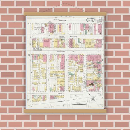Old map wall art mockup — magnetic wood frame on brick wall — Sanborn Fire Insurance Map from Cairo, Alexander County, Illinois (1896), Sheet #0012