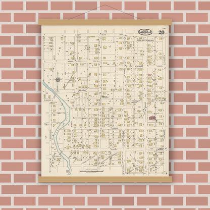 Old map wall art mockup — magnetic wood frame on brick wall — Sanborn Fire Insurance Map from Gainesville, Cooke County, Texas (1922), Sheet #0020