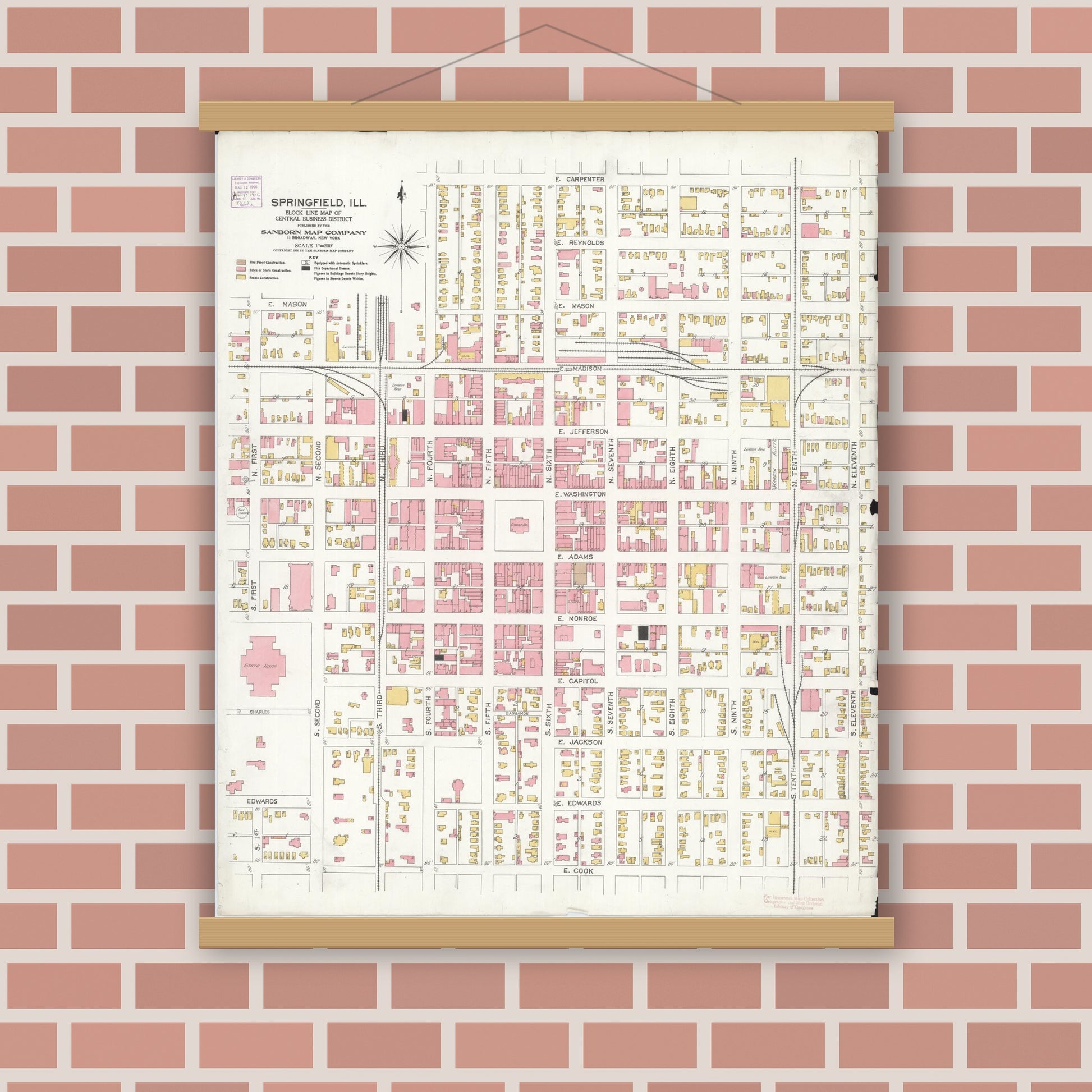 Old map wall art mockup — magnetic wood frame on brick wall — Sanborn Fire Insurance Map from Springfield, Sangamon County, Illinois (1906), Sheet #0001