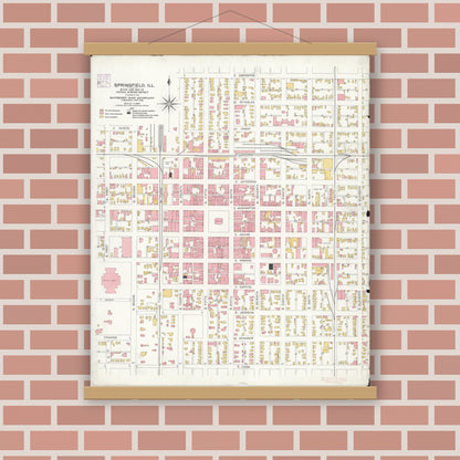 Old map wall art mockup — magnetic wood frame on brick wall — Sanborn Fire Insurance Map from Springfield, Sangamon County, Illinois (1906), Sheet #0001