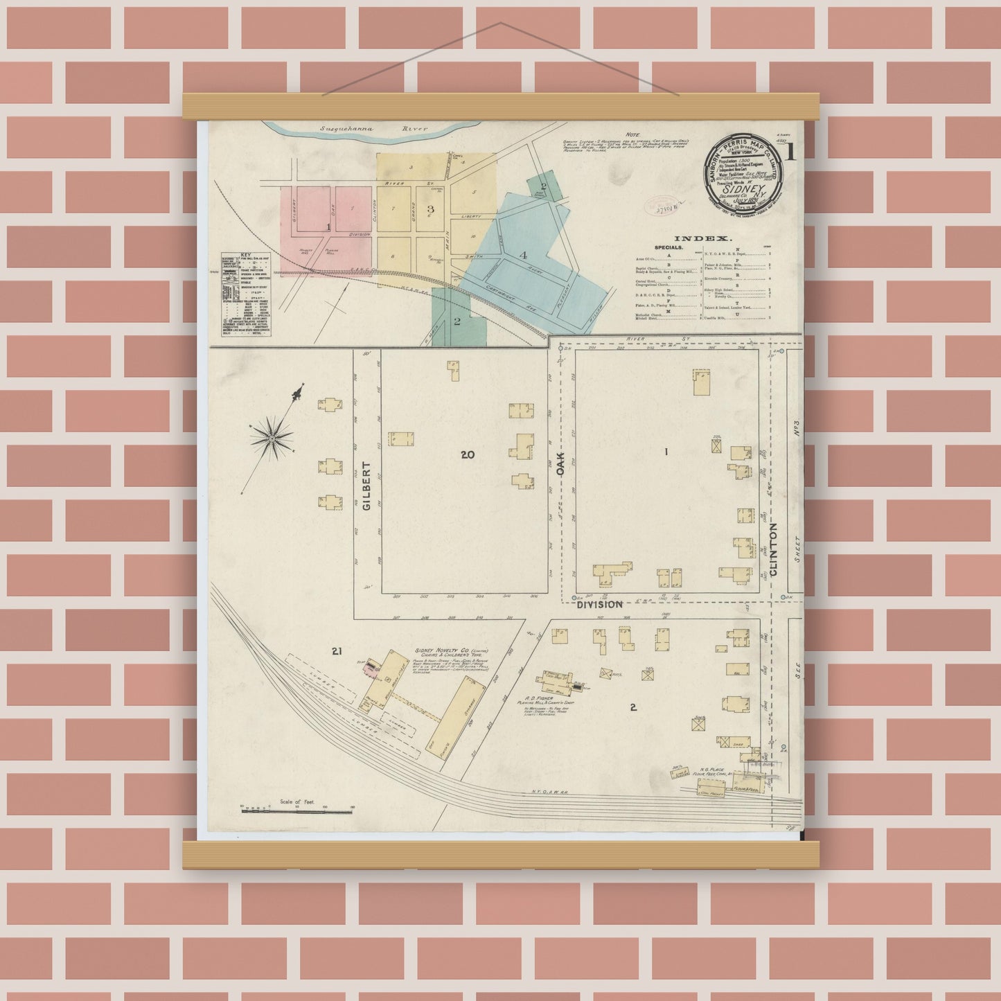 Old map wall art mockup — magnetic wood frame on brick wall — Sanborn Fire Insurance Map from Sidney, Delaware County, New York (1891), Sheet #0001