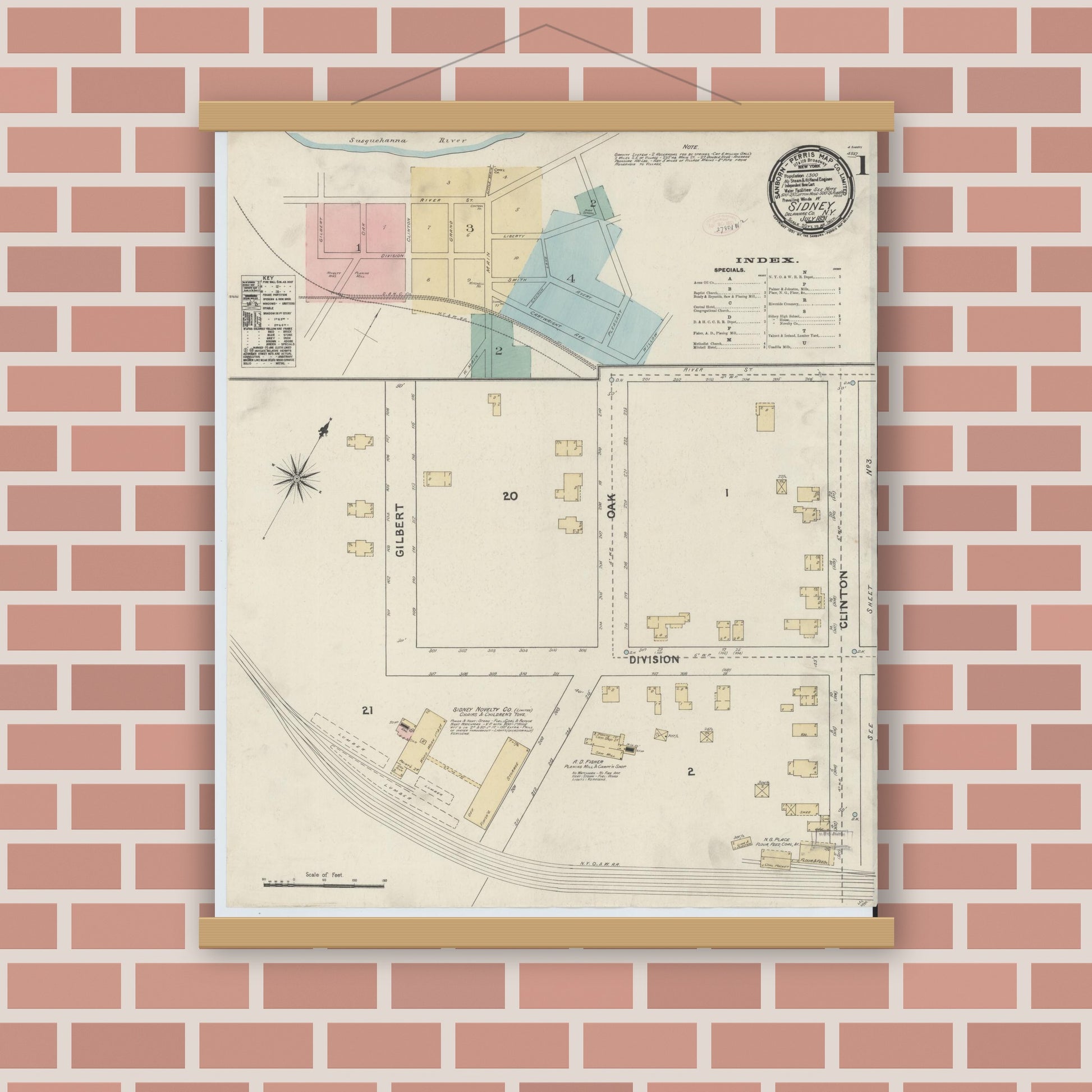 Old map wall art mockup — magnetic wood frame on brick wall — Sanborn Fire Insurance Map from Sidney, Delaware County, New York (1891), Sheet #0001