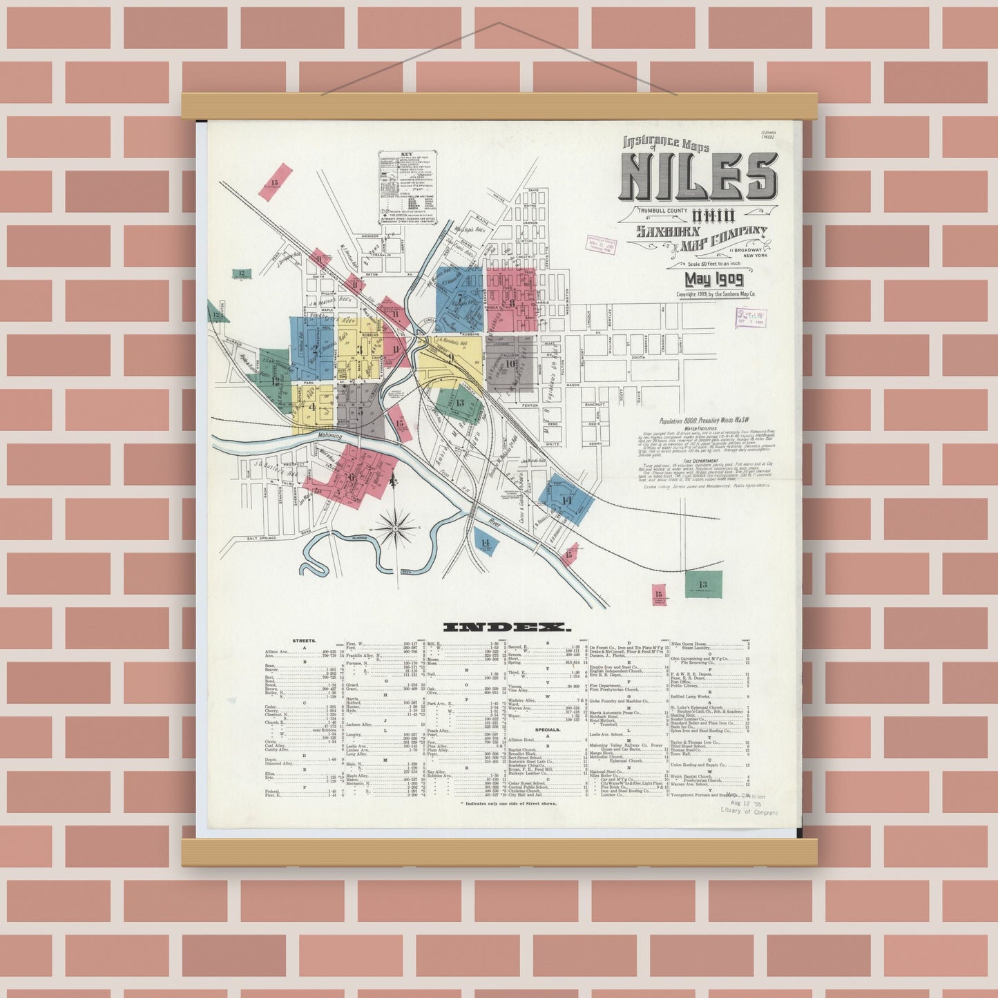 Old map wall art mockup — magnetic wood frame on brick wall — Sanborn Fire Insurance Map from Niles, Trumbull County, Ohio (1909) - Complete Map Set
