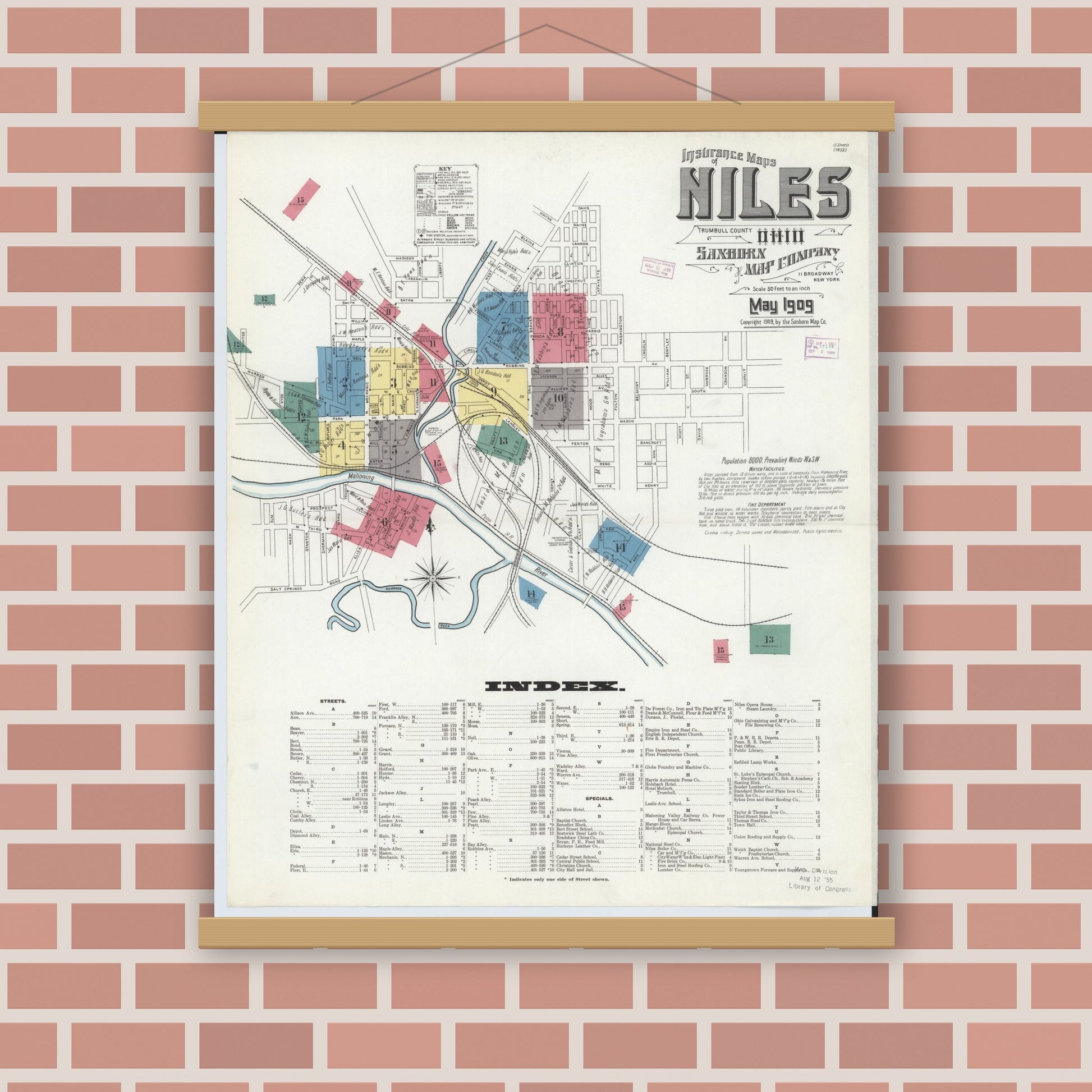 Old map wall art mockup — magnetic wood frame on brick wall — Sanborn Fire Insurance Map from Niles, Trumbull County, Ohio (1909) - Complete Map Set