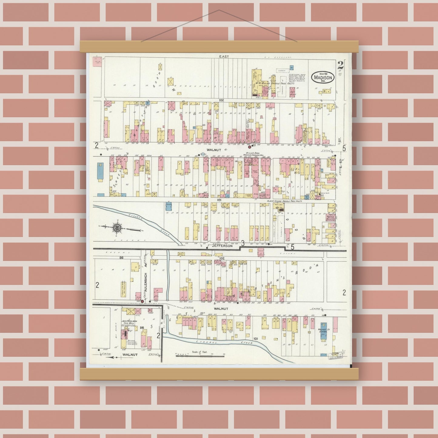 Old map wall art mockup — magnetic wood frame on brick wall — Sanborn Fire Insurance Map from Madison, Jefferson County, Indiana (1911), Sheet #0003