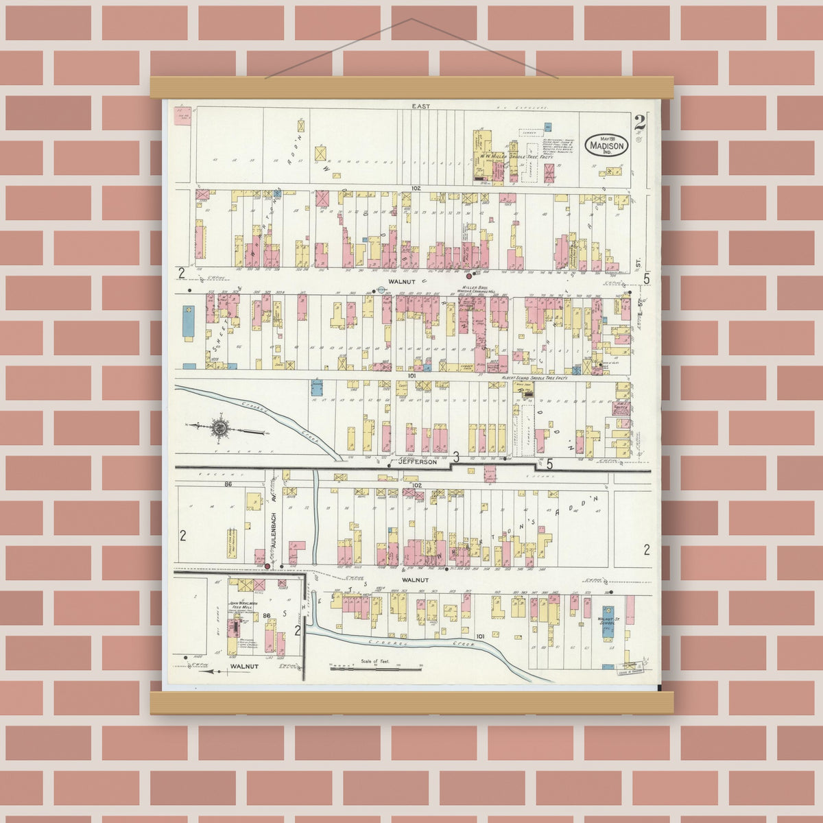 Old map wall art mockup — magnetic wood frame on brick wall — Sanborn Fire Insurance Map from Madison, Jefferson County, Indiana (1911), Sheet #0003