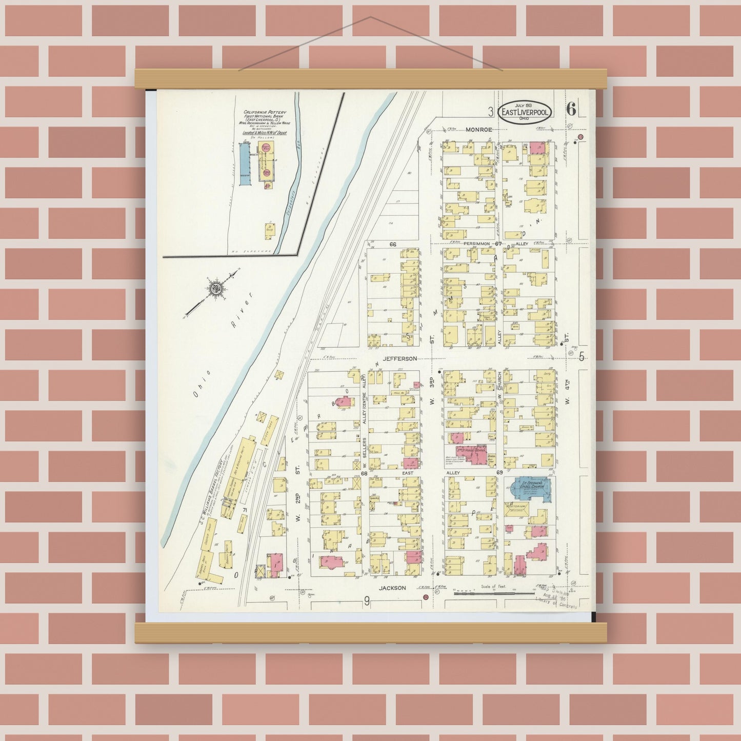 Old map wall art mockup — magnetic wood frame on brick wall — Sanborn Fire Insurance Map from East Liverpool, Columbiana County, Ohio (1913), Sheet #0006