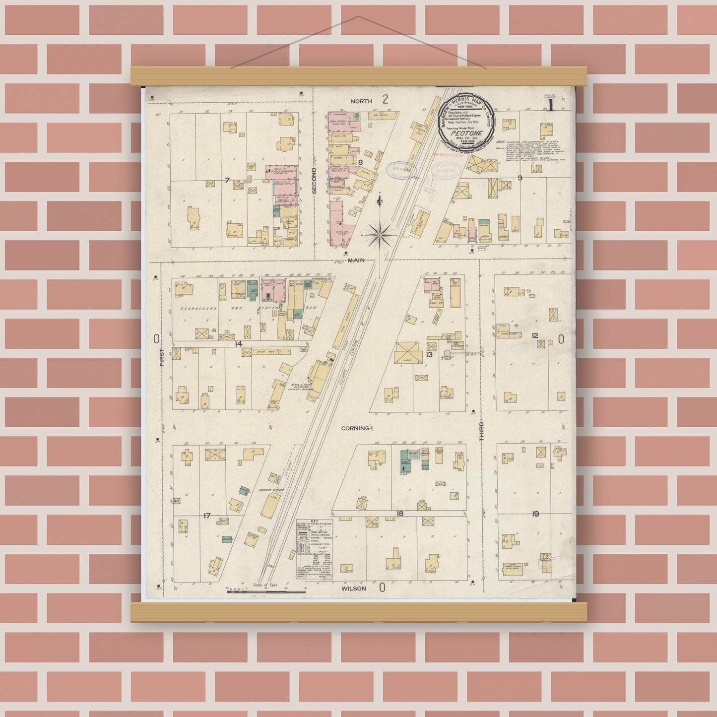 Old map wall art mockup — magnetic wood frame on brick wall — Sanborn Fire Insurance Map from Peotone, Will County, Illinois (1898) - Complete Map Set