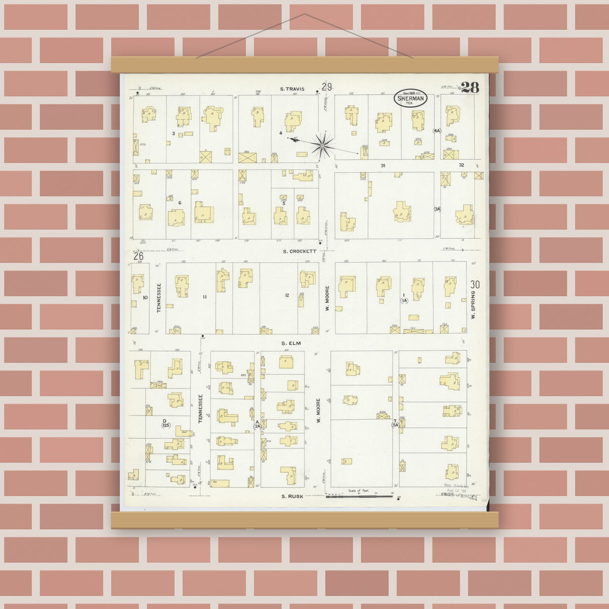 Old map wall art mockup — magnetic wood frame on brick wall — Sanborn Fire Insurance Map from Sherman, Grayson County, Texas (1908), Sheet #0028