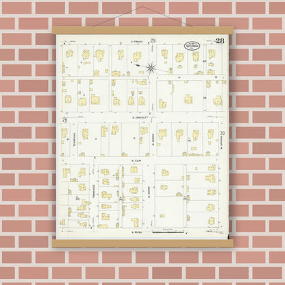 Old map wall art mockup — magnetic wood frame on brick wall — Sanborn Fire Insurance Map from Sherman, Grayson County, Texas (1908), Sheet #0028