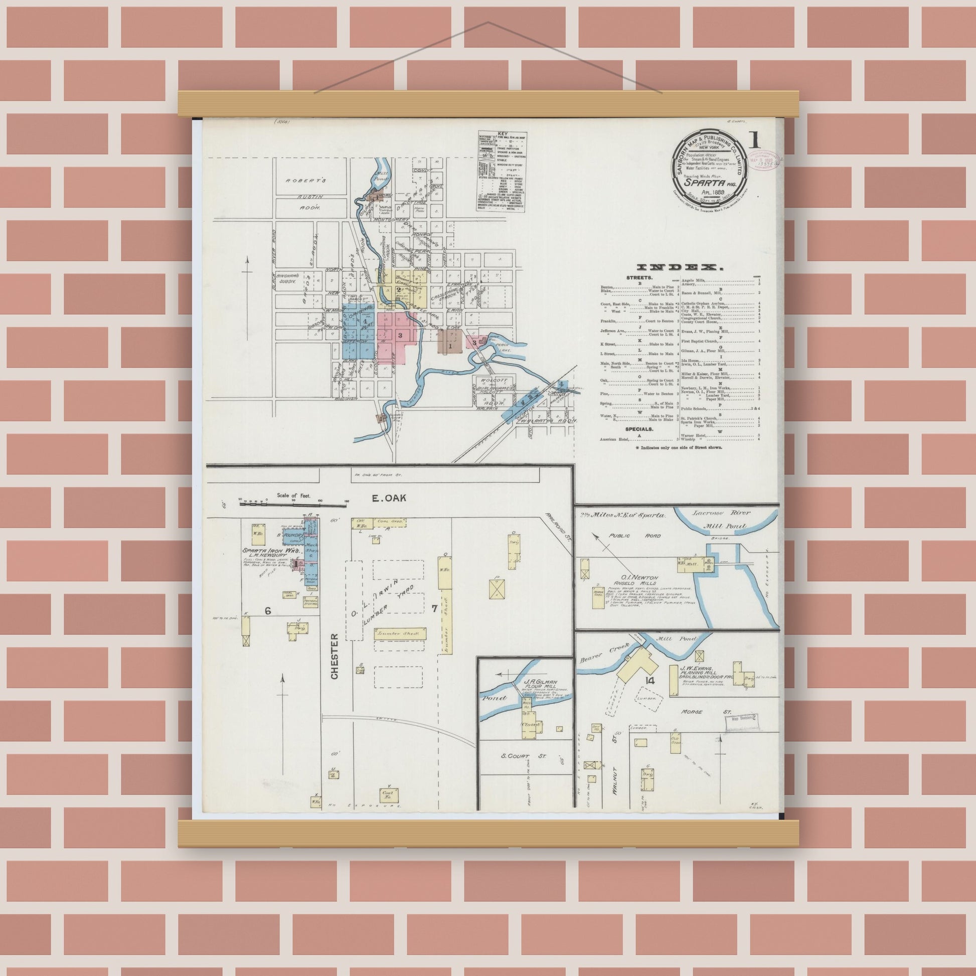 Old map wall art mockup — magnetic wood frame on brick wall — Sanborn Fire Insurance Map from Sparta, Monroe County, Wisconsin (1889) - Complete Map Set
