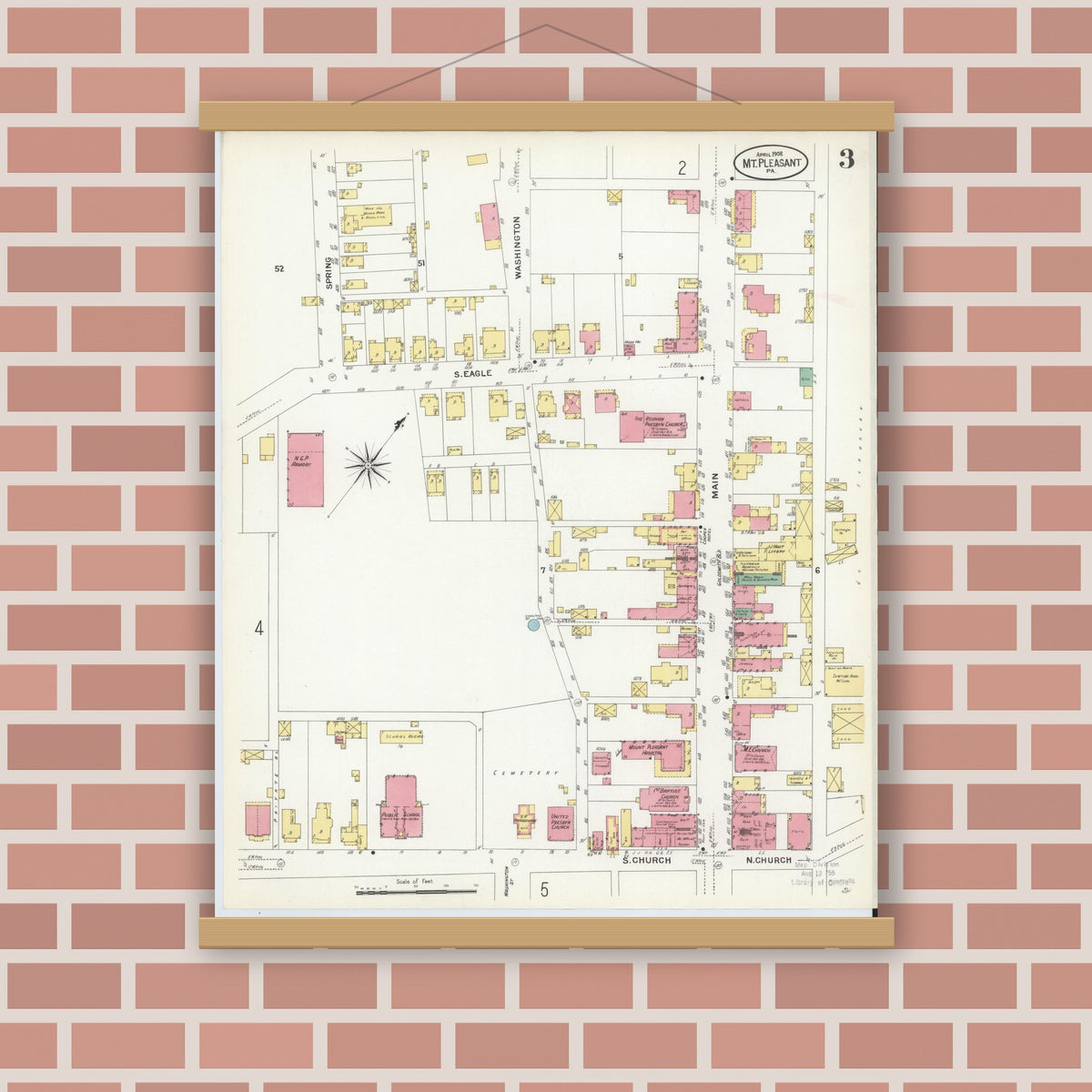 Old map wall art mockup — magnetic wood frame on brick wall — Sanborn Fire Insurance Map from Mount Pleasant, Westmoreland County, Pennsylvania (1908), Sheet #0003