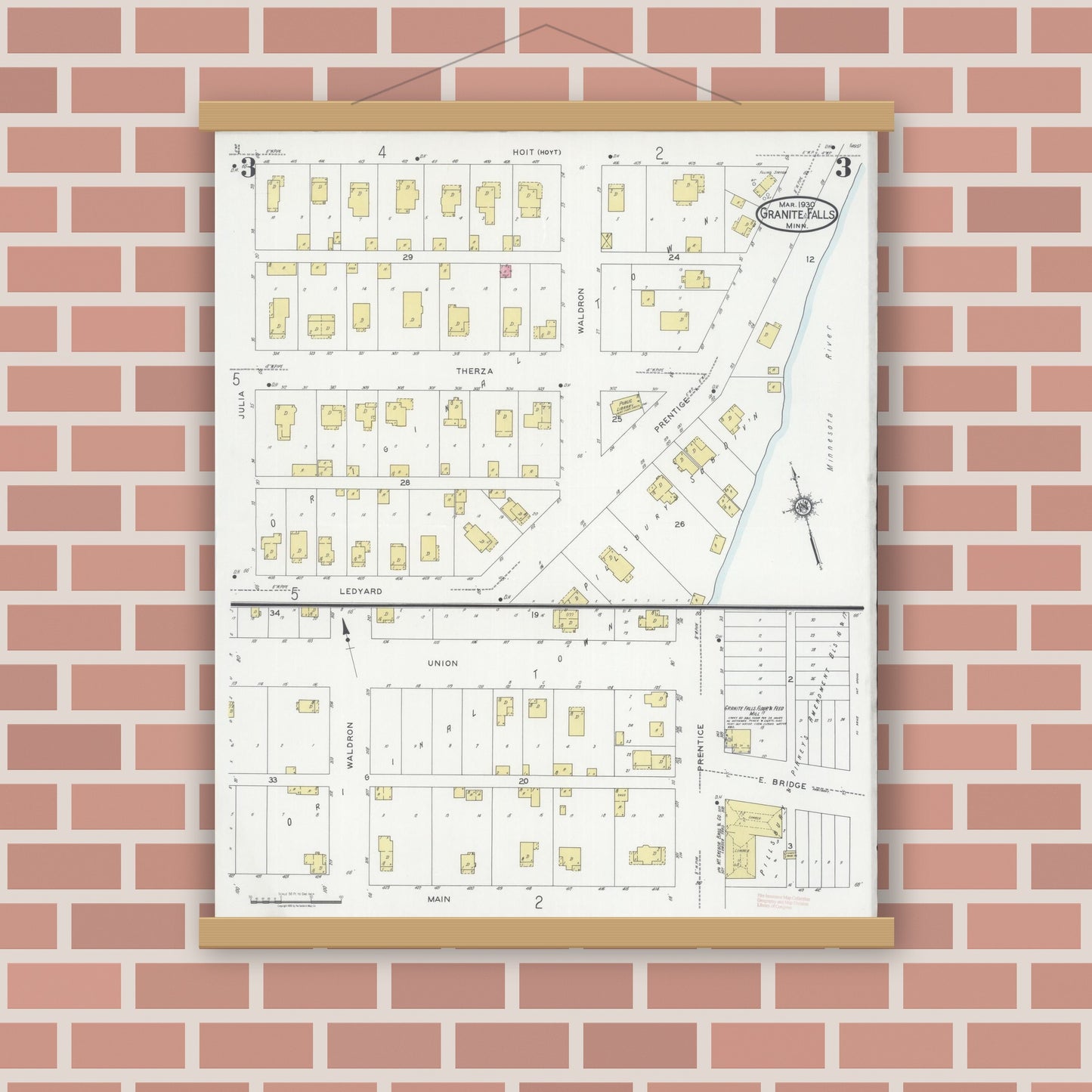 Old map wall art mockup — magnetic wood frame on brick wall — Sanborn Fire Insurance Map from Granite Falls, Yellow Medicine And Chippewa Counties, Minnesota (1930), Sheet #0003