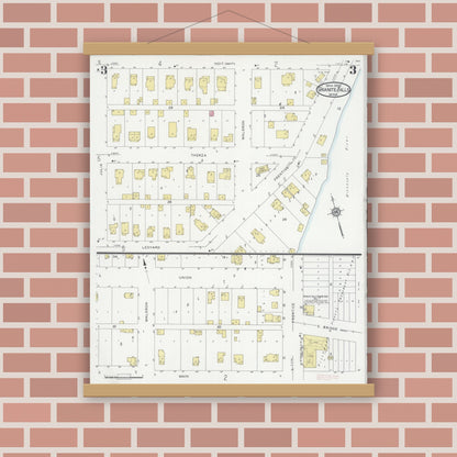 Old map wall art mockup — magnetic wood frame on brick wall — Sanborn Fire Insurance Map from Granite Falls, Yellow Medicine And Chippewa Counties, Minnesota (1930), Sheet #0003