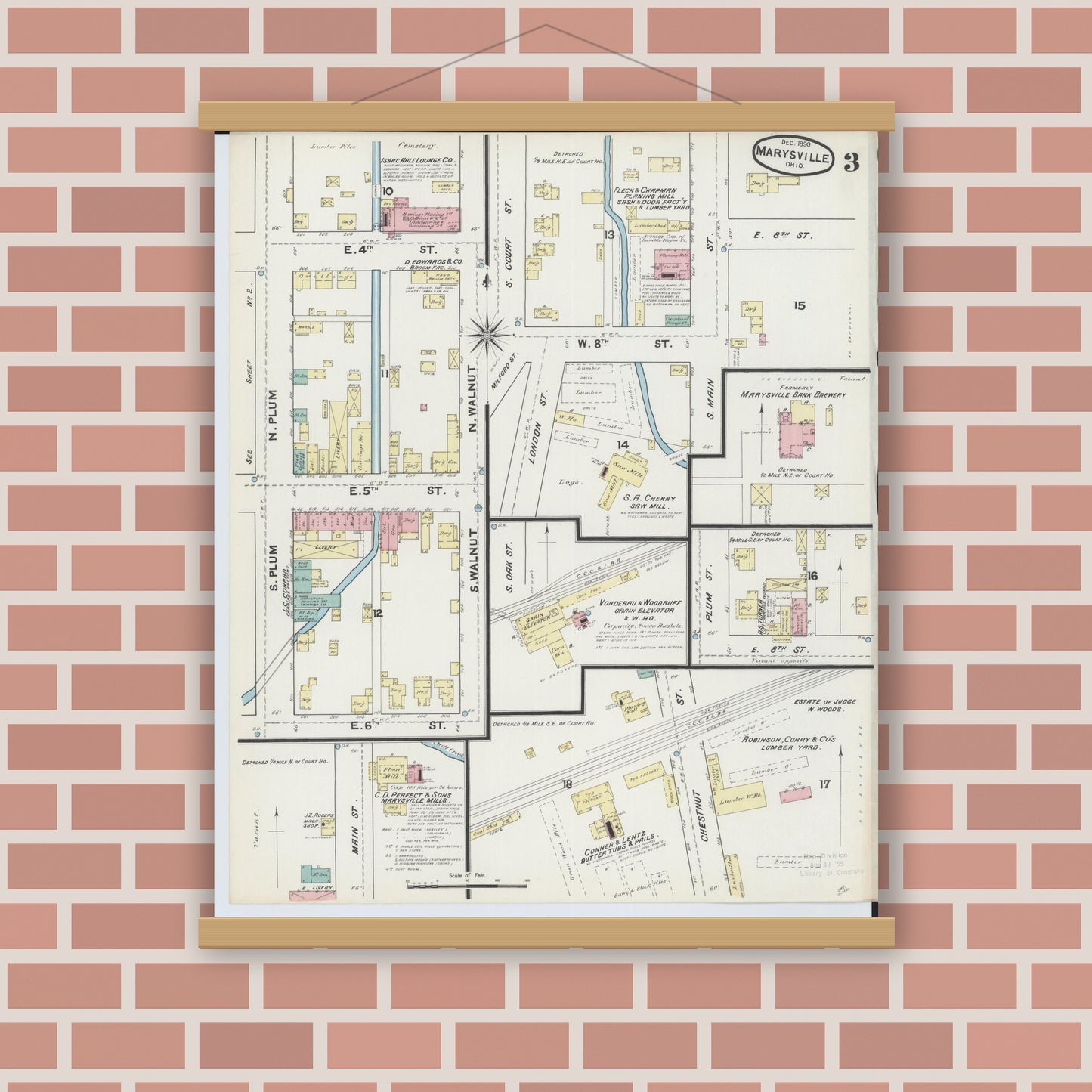 Old map wall art mockup — magnetic wood frame on brick wall — Sanborn Fire Insurance Map from Marysville, Union County, Ohio (1890), Sheet #0003