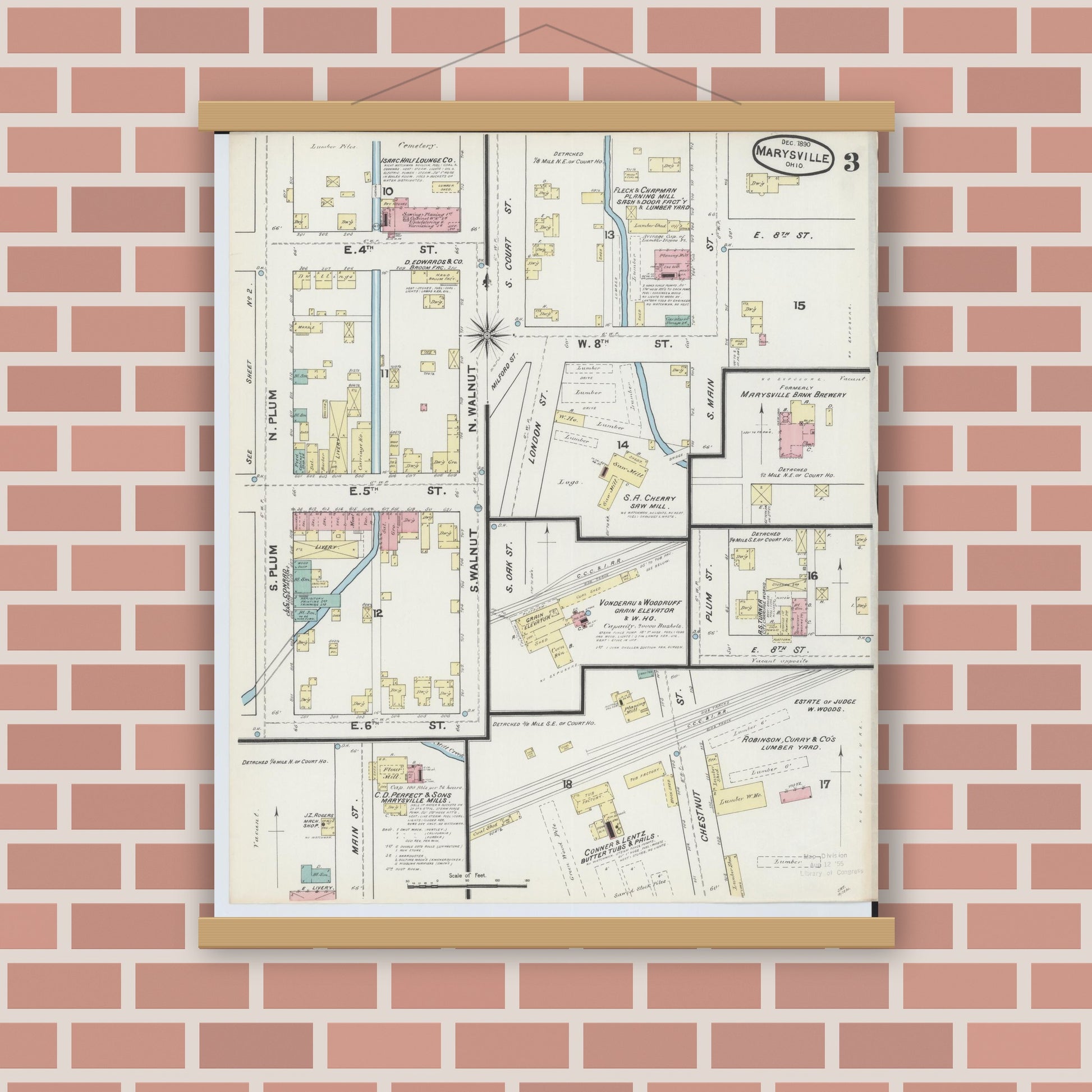 Old map wall art mockup — magnetic wood frame on brick wall — Sanborn Fire Insurance Map from Marysville, Union County, Ohio (1890), Sheet #0003