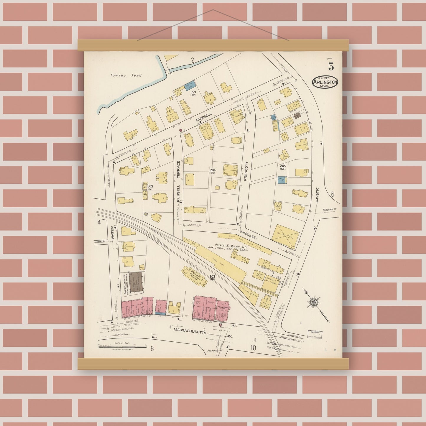 Old map wall art mockup — magnetic wood frame on brick wall — Sanborn Fire Insurance Map from Arlington, Middlesex County, Massachusetts (1922), Sheet #0005