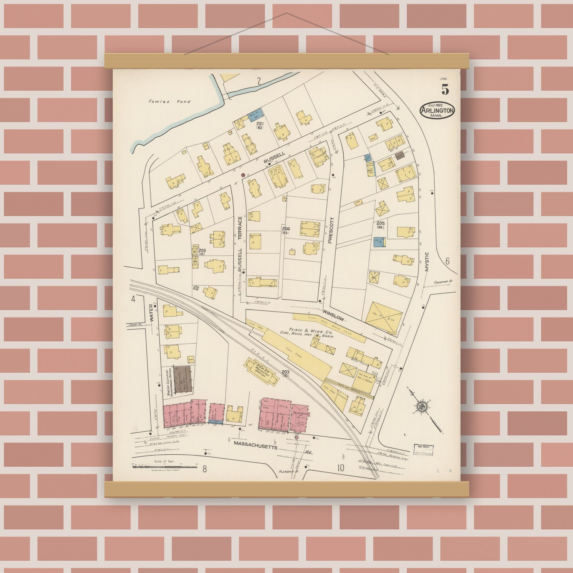 Old map wall art mockup — magnetic wood frame on brick wall — Sanborn Fire Insurance Map from Arlington, Middlesex County, Massachusetts (1922), Sheet #0005