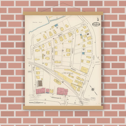 Old map wall art mockup — magnetic wood frame on brick wall — Sanborn Fire Insurance Map from Arlington, Middlesex County, Massachusetts (1922), Sheet #0005
