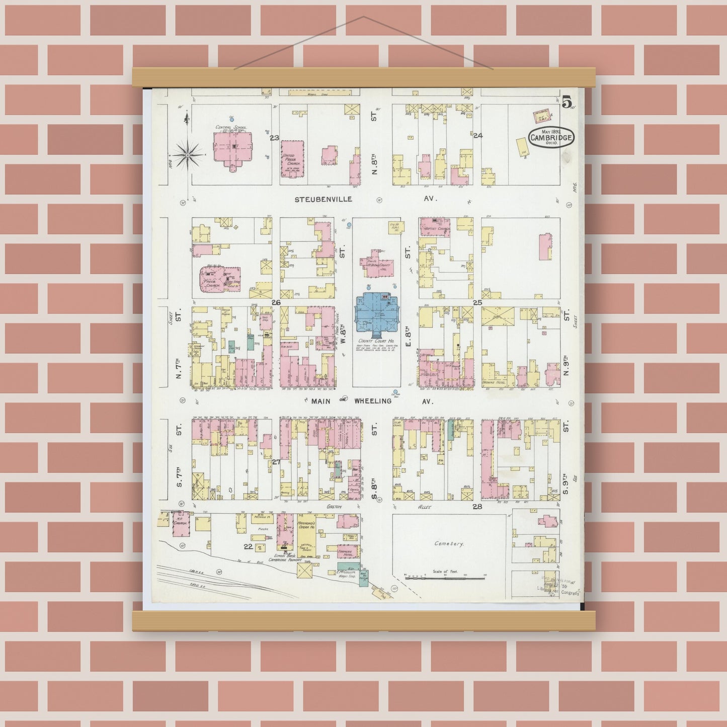 Old map wall art mockup — magnetic wood frame on brick wall — Sanborn Fire Insurance Map from Cambridge, Guernsey County, Ohio (1892), Sheet #0005