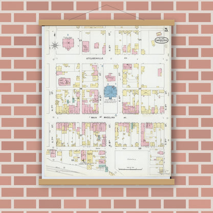 Old map wall art mockup — magnetic wood frame on brick wall — Sanborn Fire Insurance Map from Cambridge, Guernsey County, Ohio (1892), Sheet #0005