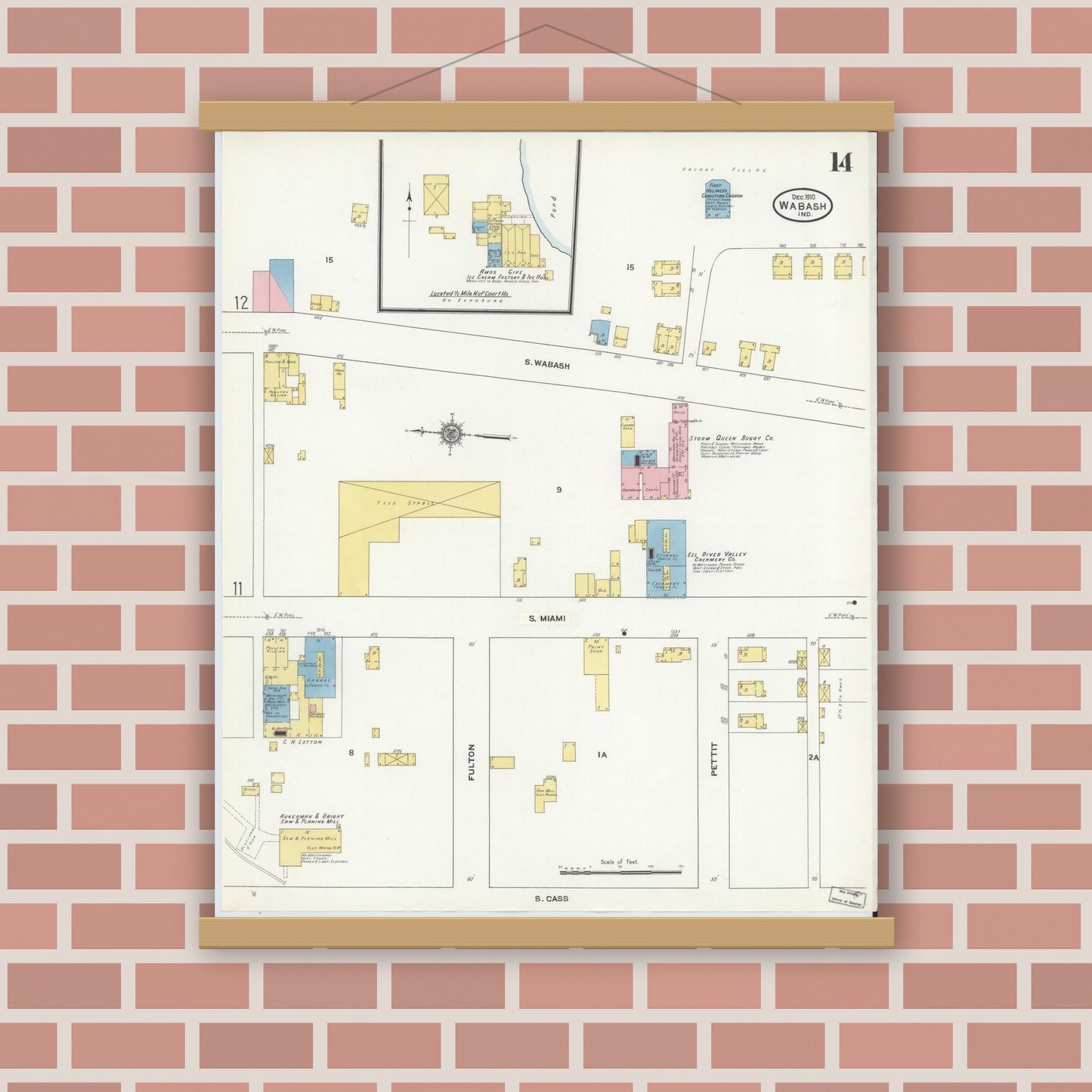 Old map wall art mockup — magnetic wood frame on brick wall — Sanborn Fire Insurance Map from Wabash, Wabash County, Indiana (1910), Sheet #0014
