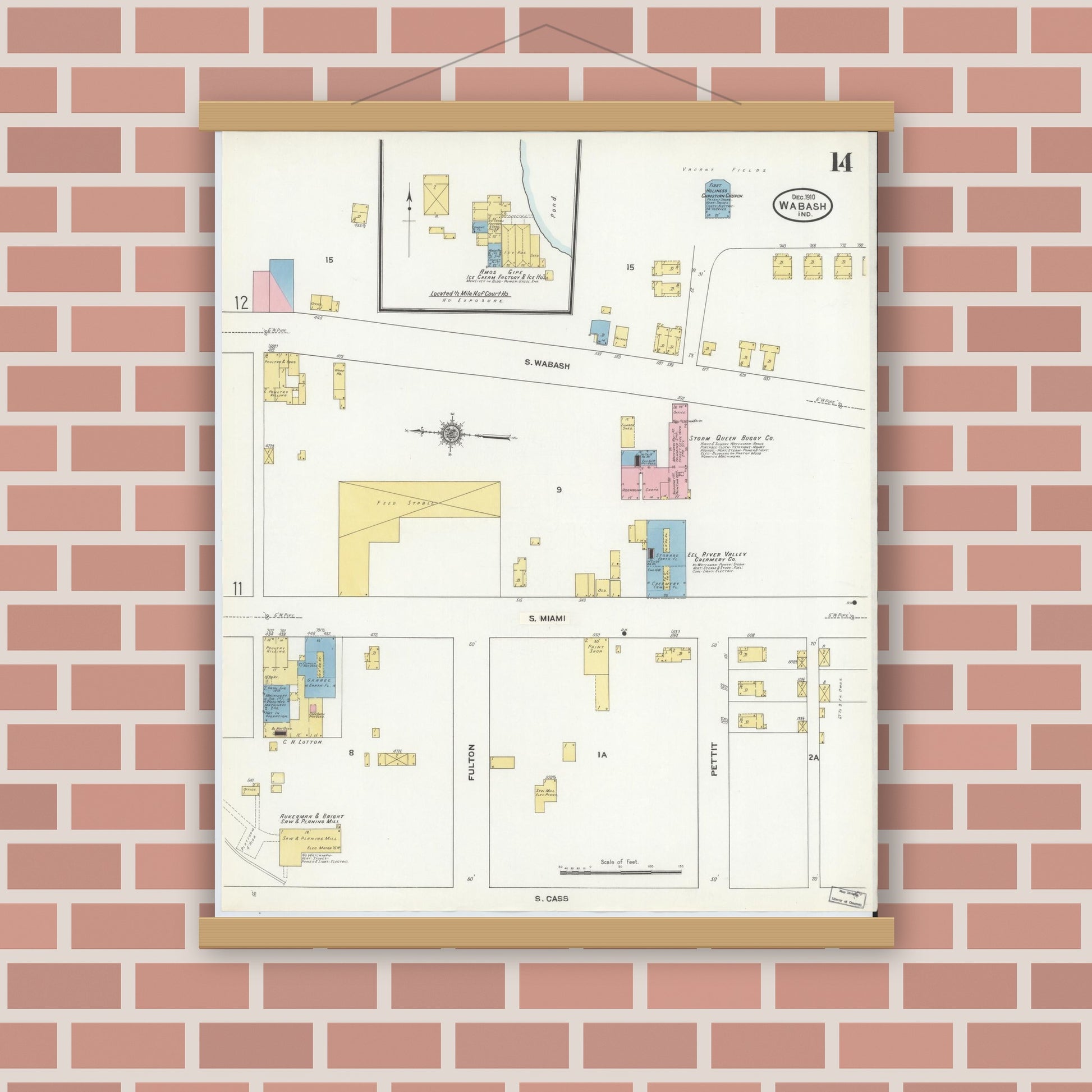 Old map wall art mockup — magnetic wood frame on brick wall — Sanborn Fire Insurance Map from Wabash, Wabash County, Indiana (1910), Sheet #0014
