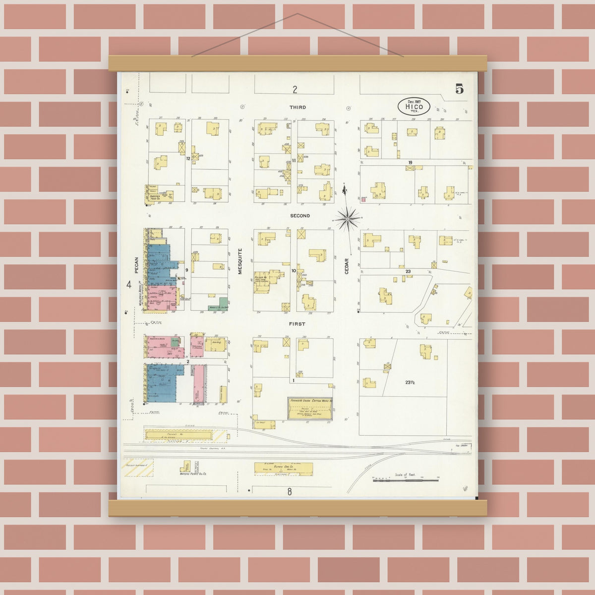 Old map wall art mockup — magnetic wood frame on brick wall — Sanborn Fire Insurance Map from Hico, Hamilton County, Texas (1907), Sheet #0005