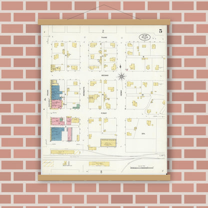 Old map wall art mockup — magnetic wood frame on brick wall — Sanborn Fire Insurance Map from Hico, Hamilton County, Texas (1907), Sheet #0005
