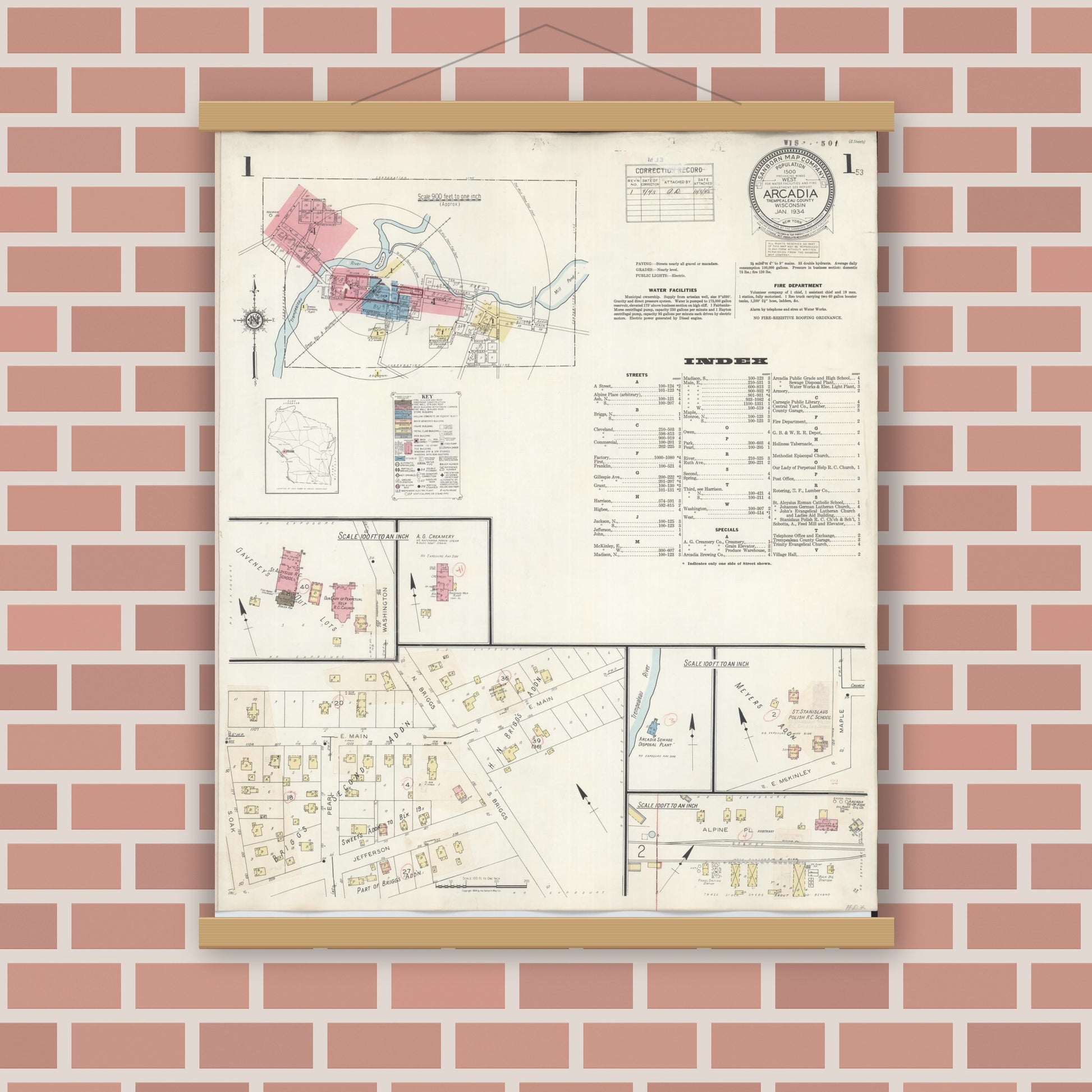 Old map wall art mockup — magnetic wood frame on brick wall — Sanborn Fire Insurance Map from Arcadia, Trempealeau County, Wisconsin (1943) - Complete Map Set